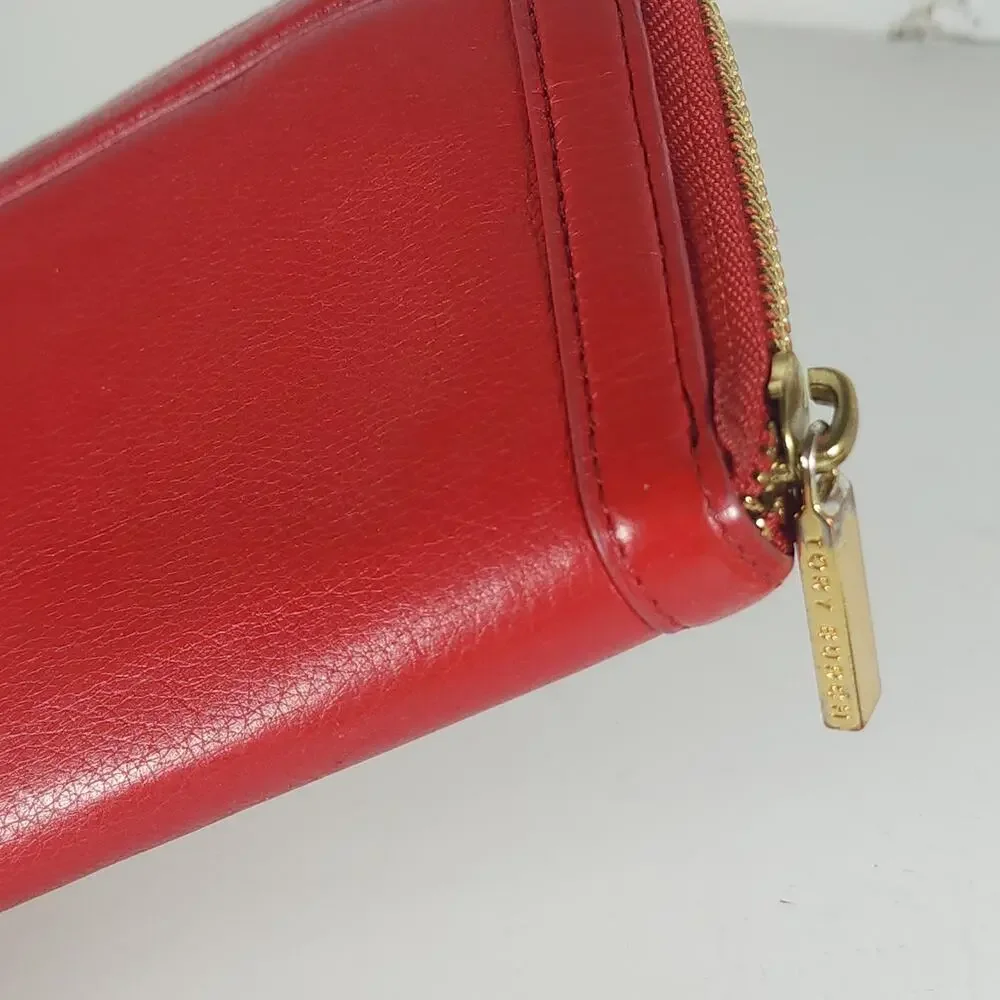 Tory Burch Amanda Red Pebbled Leather Gold Logo Zip Continental Wallet